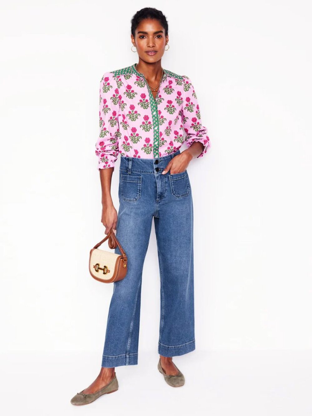 Boden Primrose Cropped Jeans in Light Vintage Blue Denim Patch Pocket Wide Leg